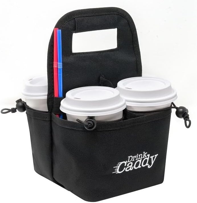 Portable Drink Caddy and Reusable Coffee Cup Holder – A foldable bag with a 4-cup capacity featuring organizational pockets that securely hold hot and cold beverages. P