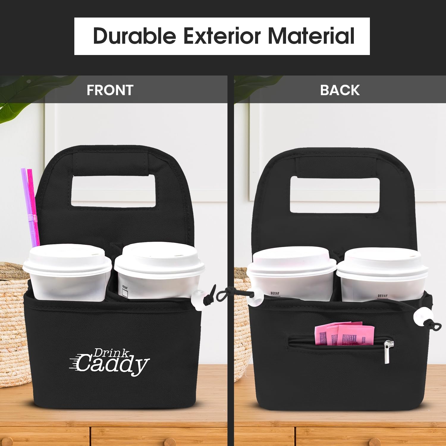 Portable Drink Caddy and Reusable Coffee Cup Holder – A foldable bag with a 4-cup capacity featuring organizational pockets that securely hold hot and cold beverages. P - Image 3