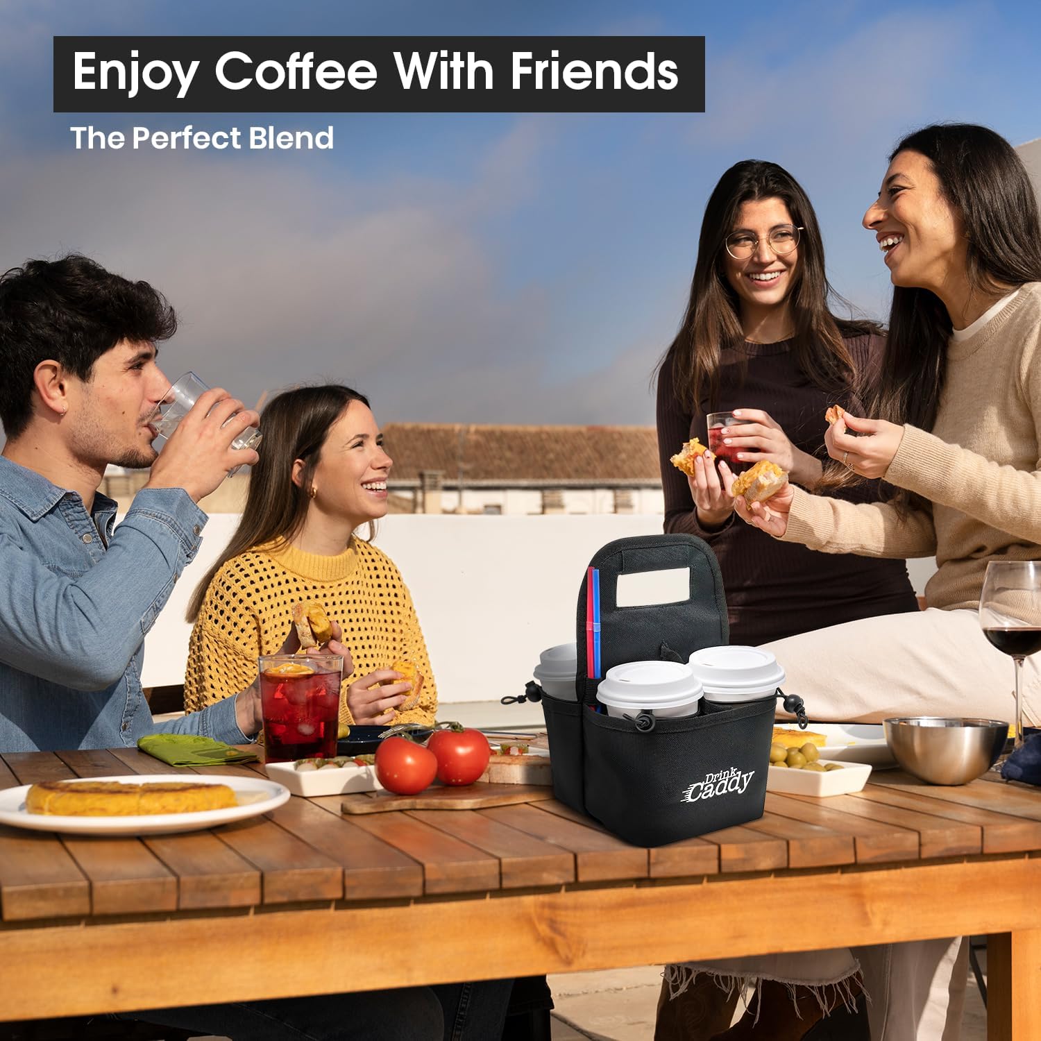 Portable Drink Caddy and Reusable Coffee Cup Holder – A foldable bag with a 4-cup capacity featuring organizational pockets that securely hold hot and cold beverages. P - Image 5