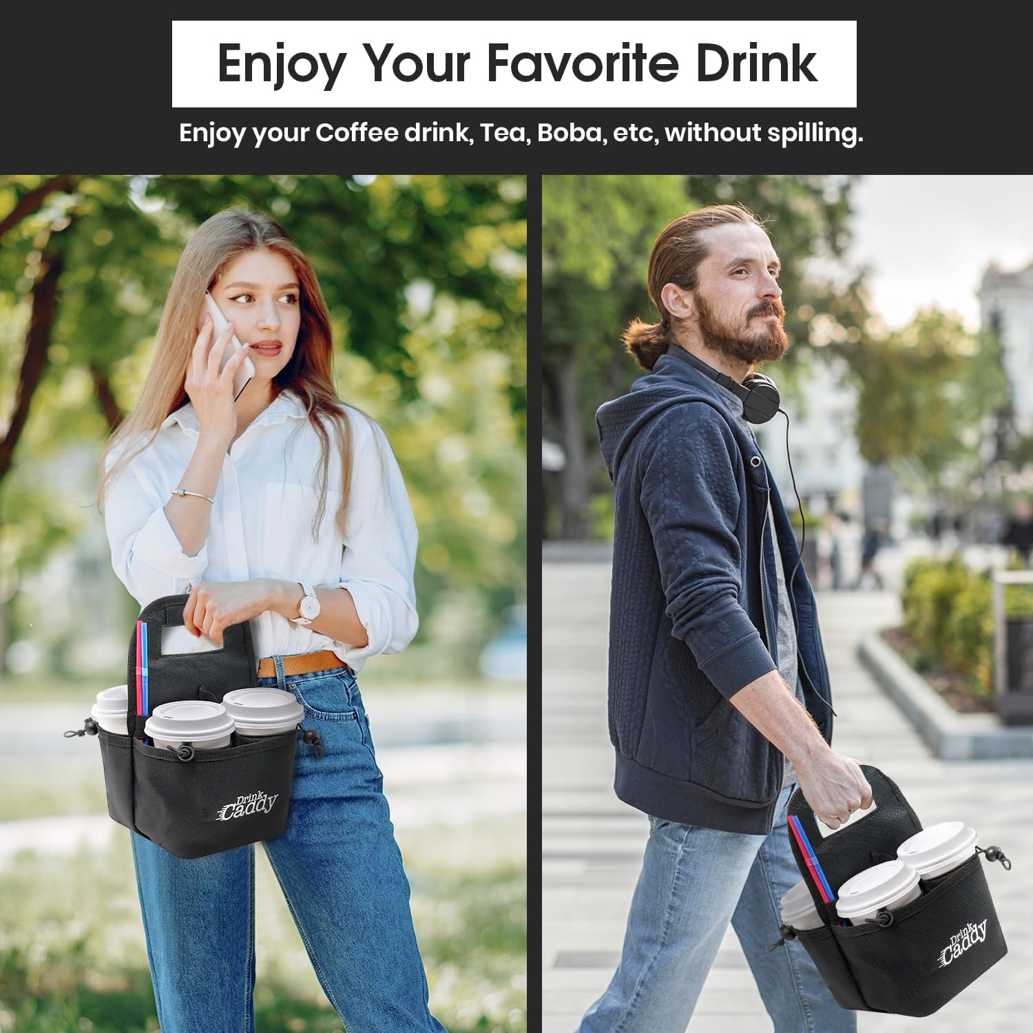 Portable Drink Caddy and Reusable Coffee Cup Holder – A foldable bag with a 4-cup capacity featuring organizational pockets that securely hold hot and cold beverages. P - Image 6