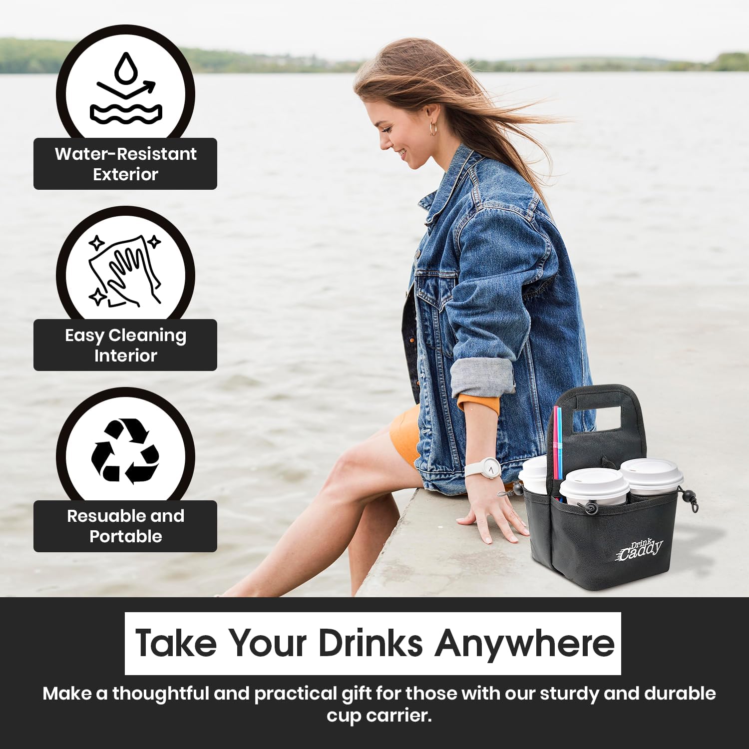 Portable Drink Caddy and Reusable Coffee Cup Holder – A foldable bag with a 4-cup capacity featuring organizational pockets that securely hold hot and cold beverages. P - Image 7