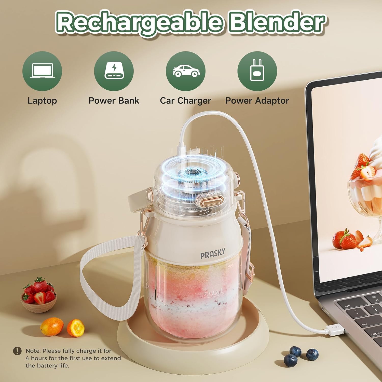 Portable Blender – Personal Smoothie and Drink Mixer with 27 oz Cup, Lid, and Shoulder Strap. USB Type-C Rechargeable, Dishwasher-Safe Parts, BPA-Free, Perfect for Food and Juice on the Go, Gym, Travel, or Kitchen Use. - Image 5