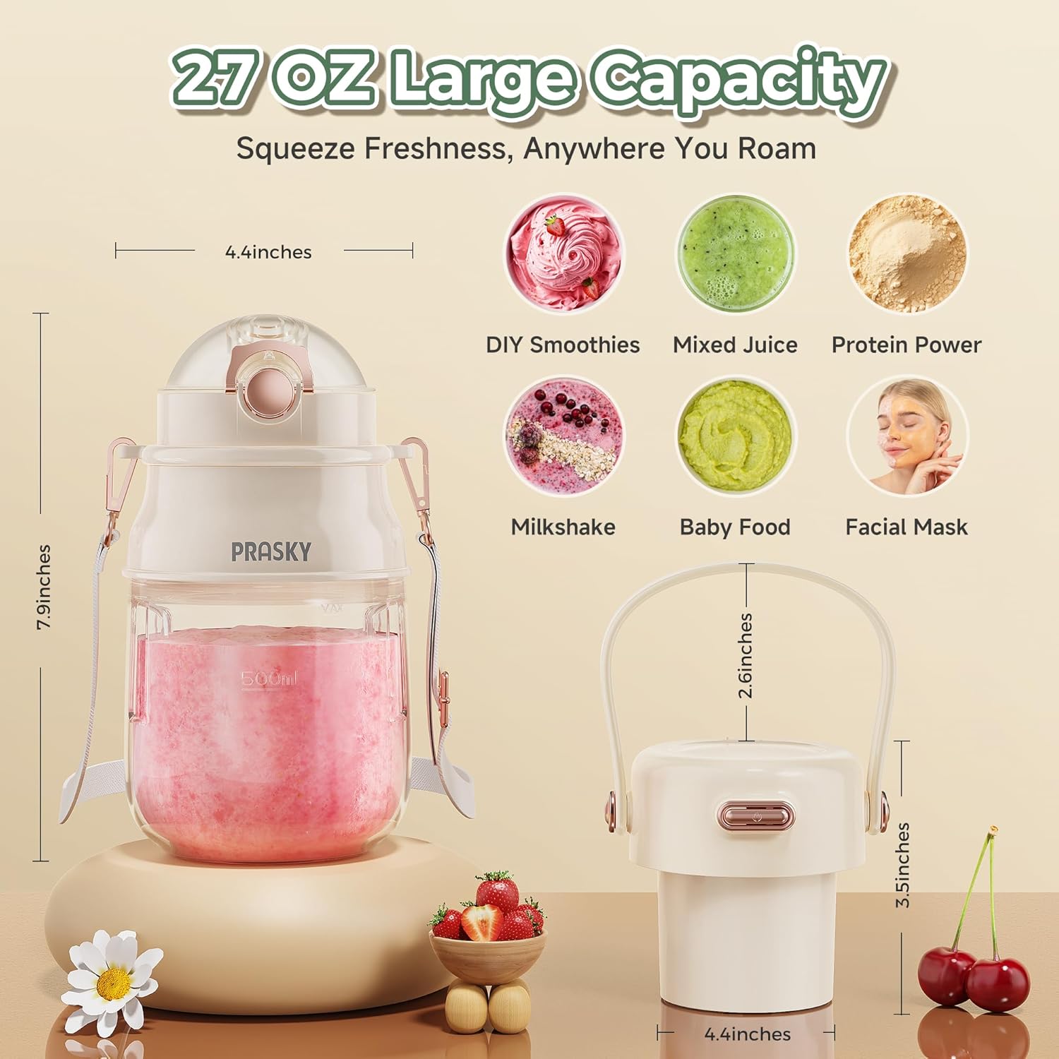 Portable Blender – Personal Smoothie and Drink Mixer with 27 oz Cup, Lid, and Shoulder Strap. USB Type-C Rechargeable, Dishwasher-Safe Parts, BPA-Free, Perfect for Food and Juice on the Go, Gym, Travel, or Kitchen Use. - Image 8